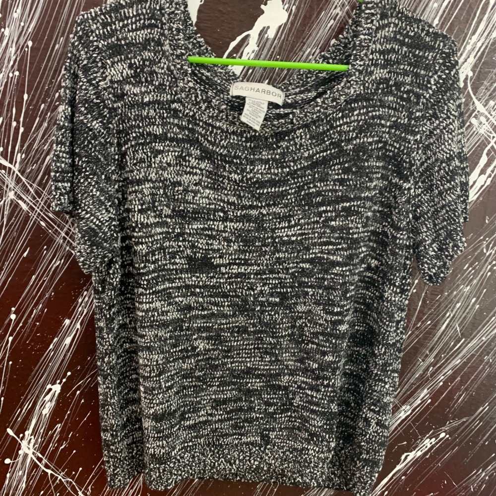 Sag Harbor Womens XL Black White Marled Knit Short Sleeve Scoop Neck Sweater Top